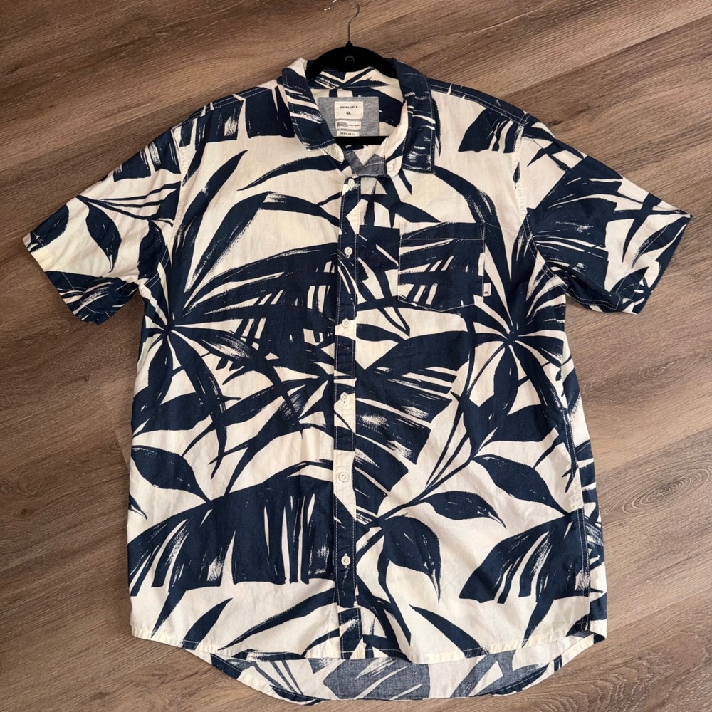 Quiksilver Tropical Leaf Hawaiian Camp Shirt Mens XL Cotton Button Up Blue